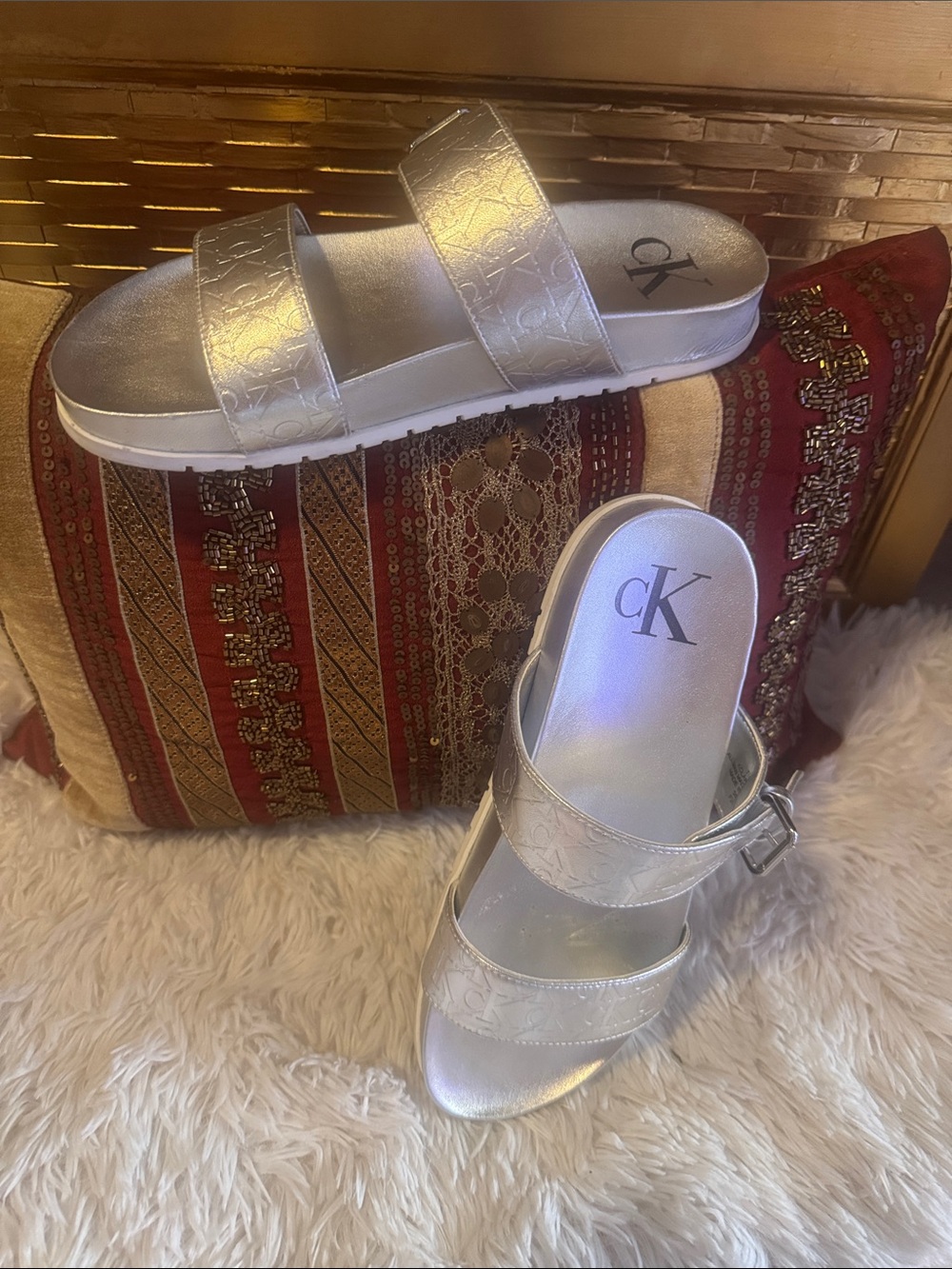 Calvin Klein Metallic Silver Dual-Strap Slide Mules